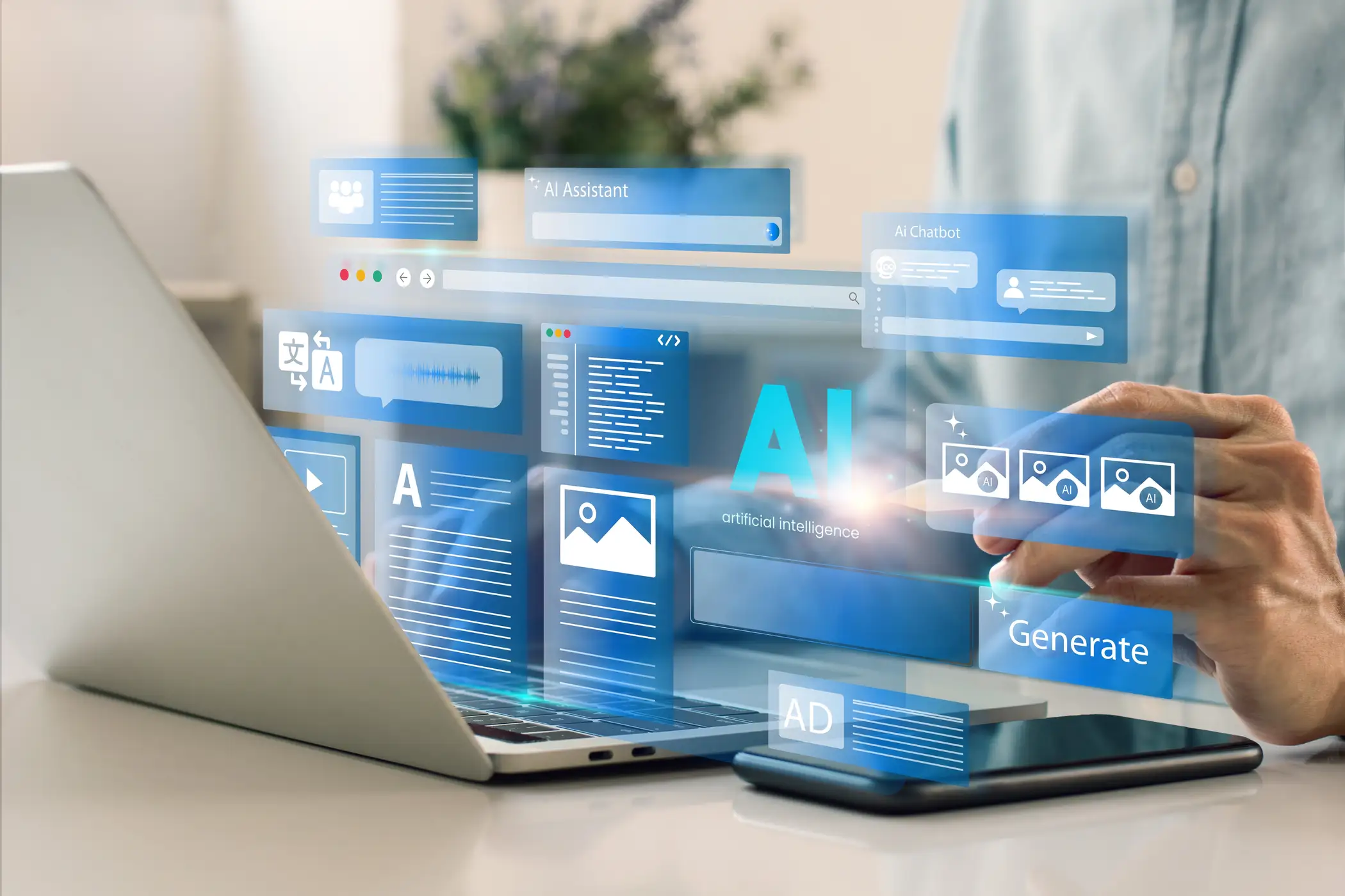 AI marketing dashboard showing content generation tools and chatbot features on laptop