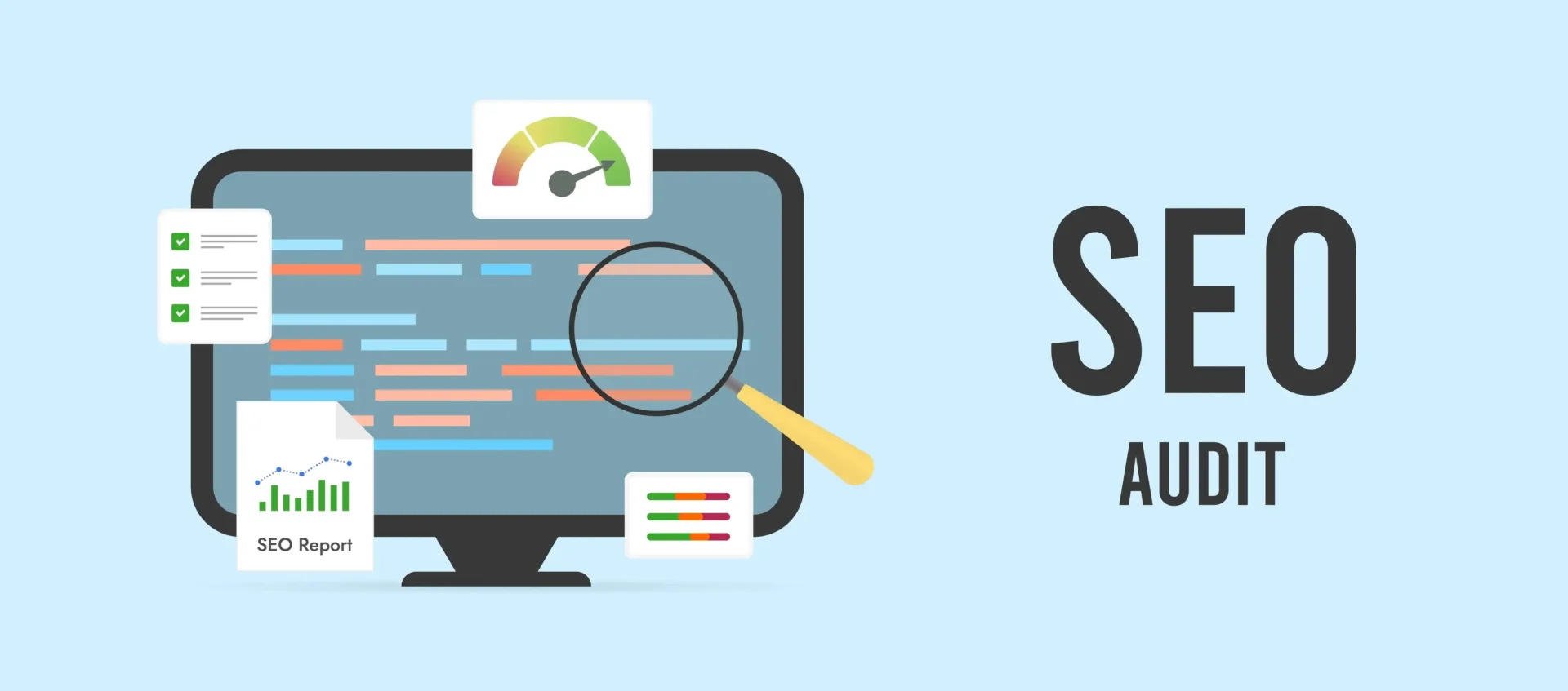 Technical SEO checklist display with audit metrics and performance gauge