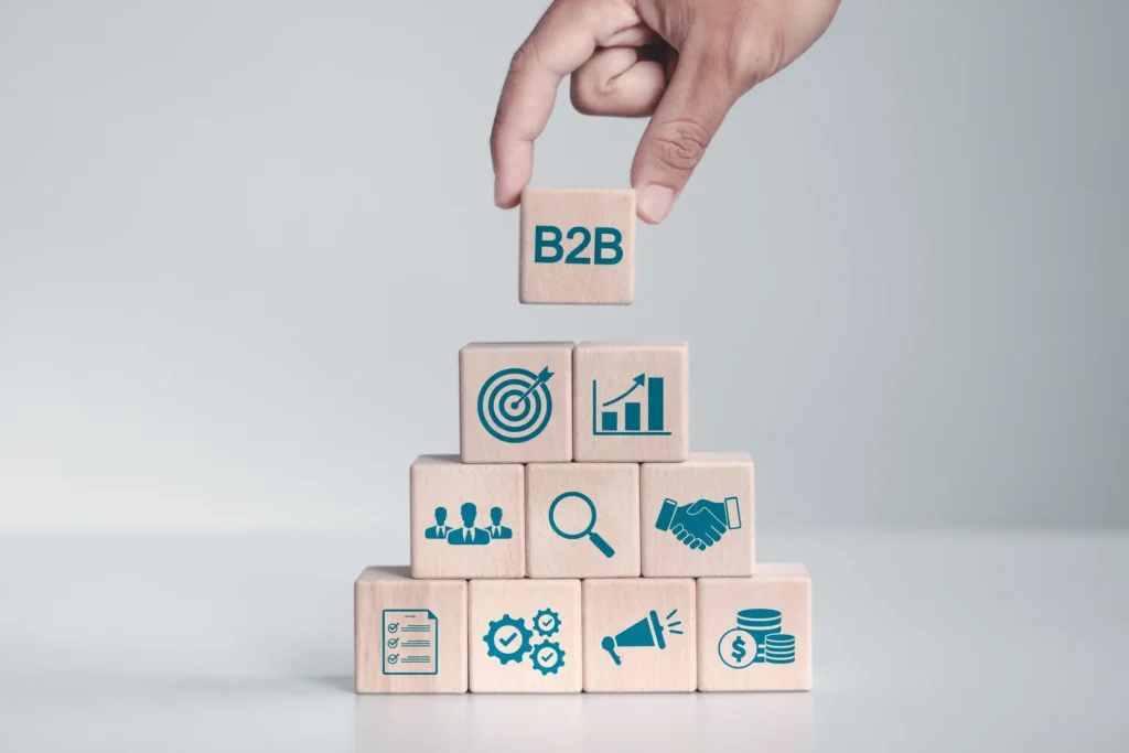 B2B marketing case study blocks stacked with business strategy icons