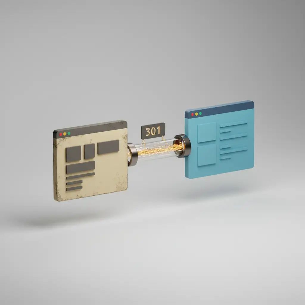 3D graphic showing how 301 redirections transfer SEO value from an old to a new URL.