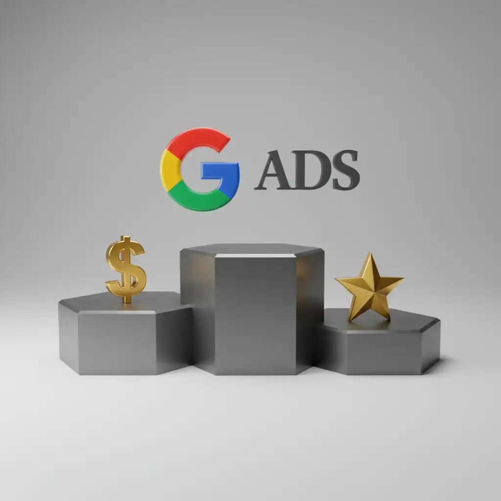 3D podium showing how bids and quality score affect ad rank in Google Ads.