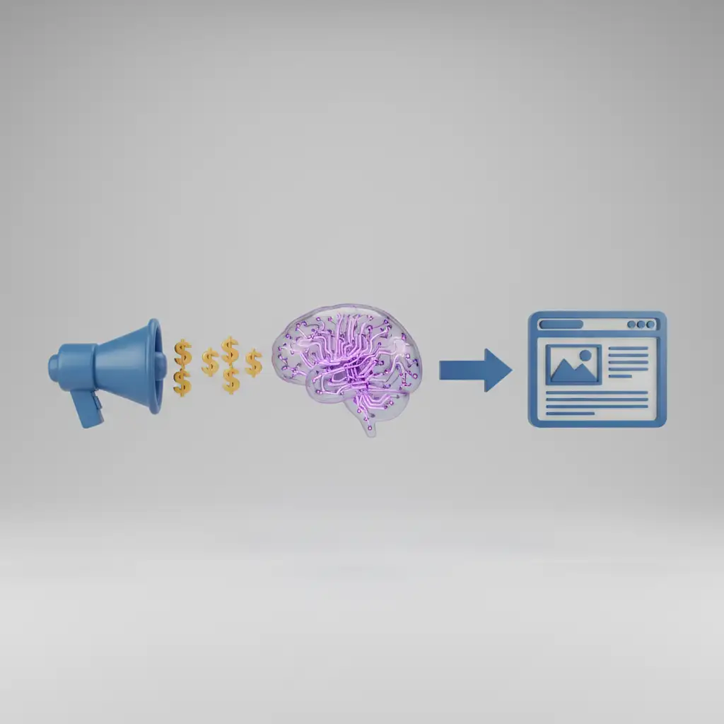 3D flowchart with ad tech explained: an advertiser's bid reaches a user on a website.