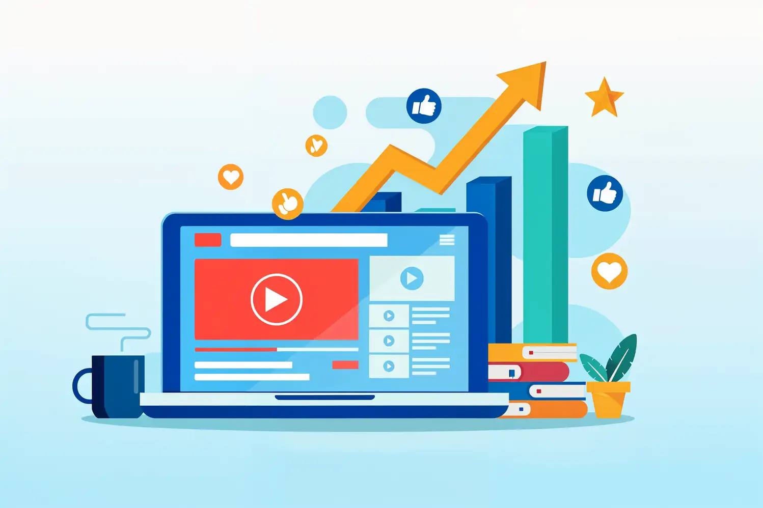 Illustration of cutting-edge video SEO approaches with a laptop and growth chart.