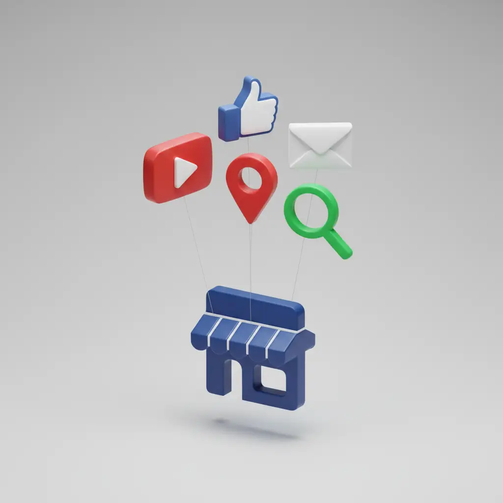 3D graphic of free ways to advertise a business online, with icons lifting a store.