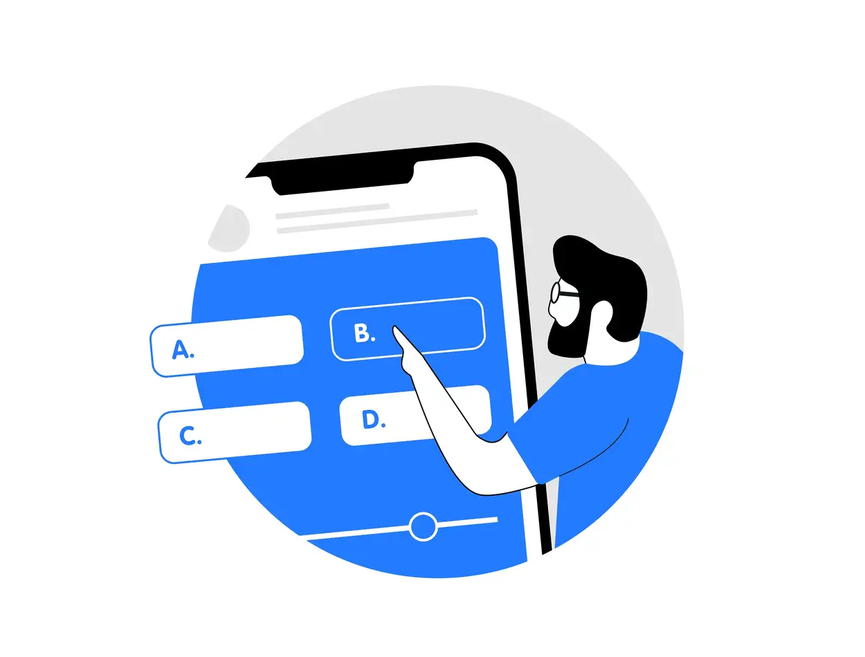 Illustration of interactive polls and video CTAs on a mobile device.