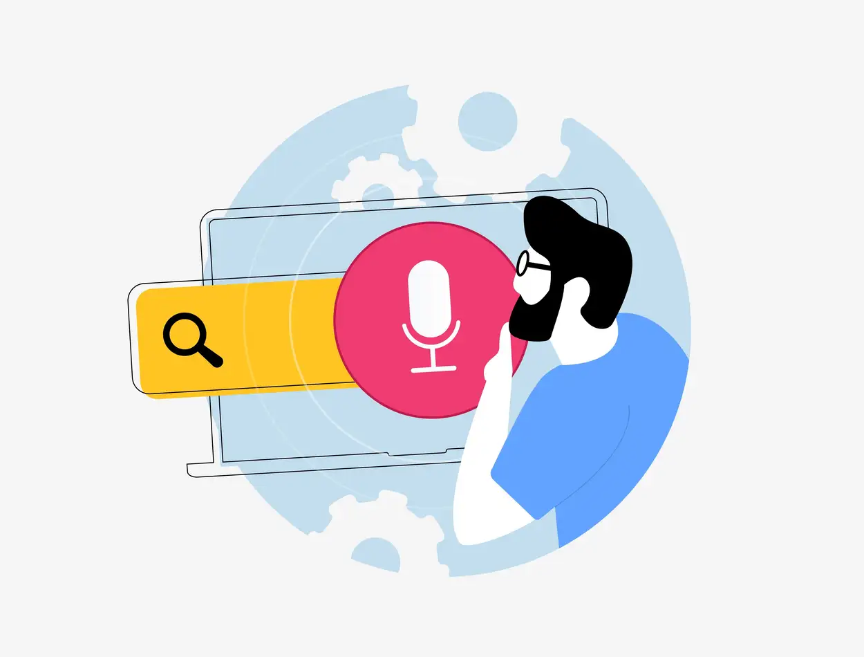 A man considers voice search optimization with a search bar and microphone icon.
